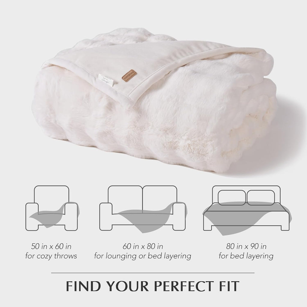 Ultra Soft Luxury Fluffy Faux Rabbit Fur Throw Blanket, Thick Warm Bubble Throw, Cozy Plush Reversible Blankets