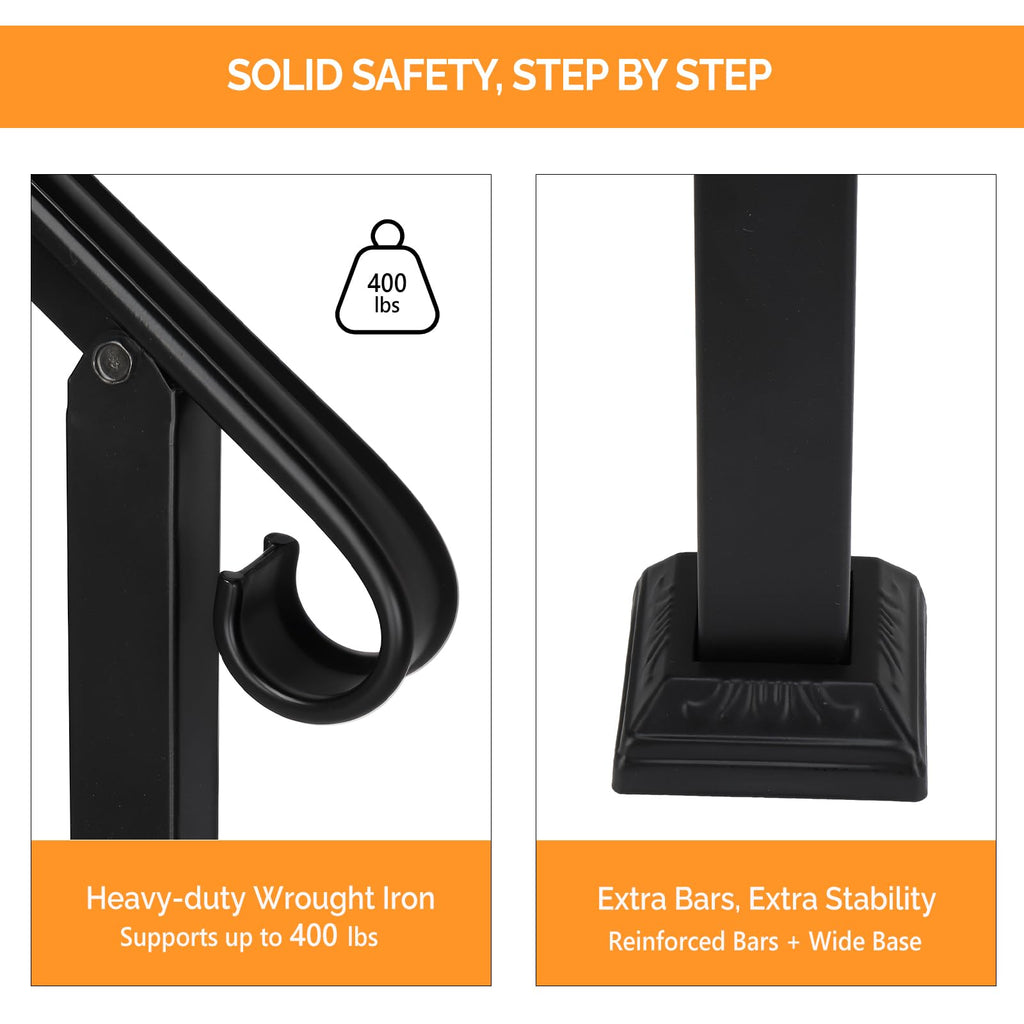 Handrails for Outdoor Steps, Stair Handrail Fits 1 to 5 Steps, Wrought Iron Hand Rail Stair Railing Kit for