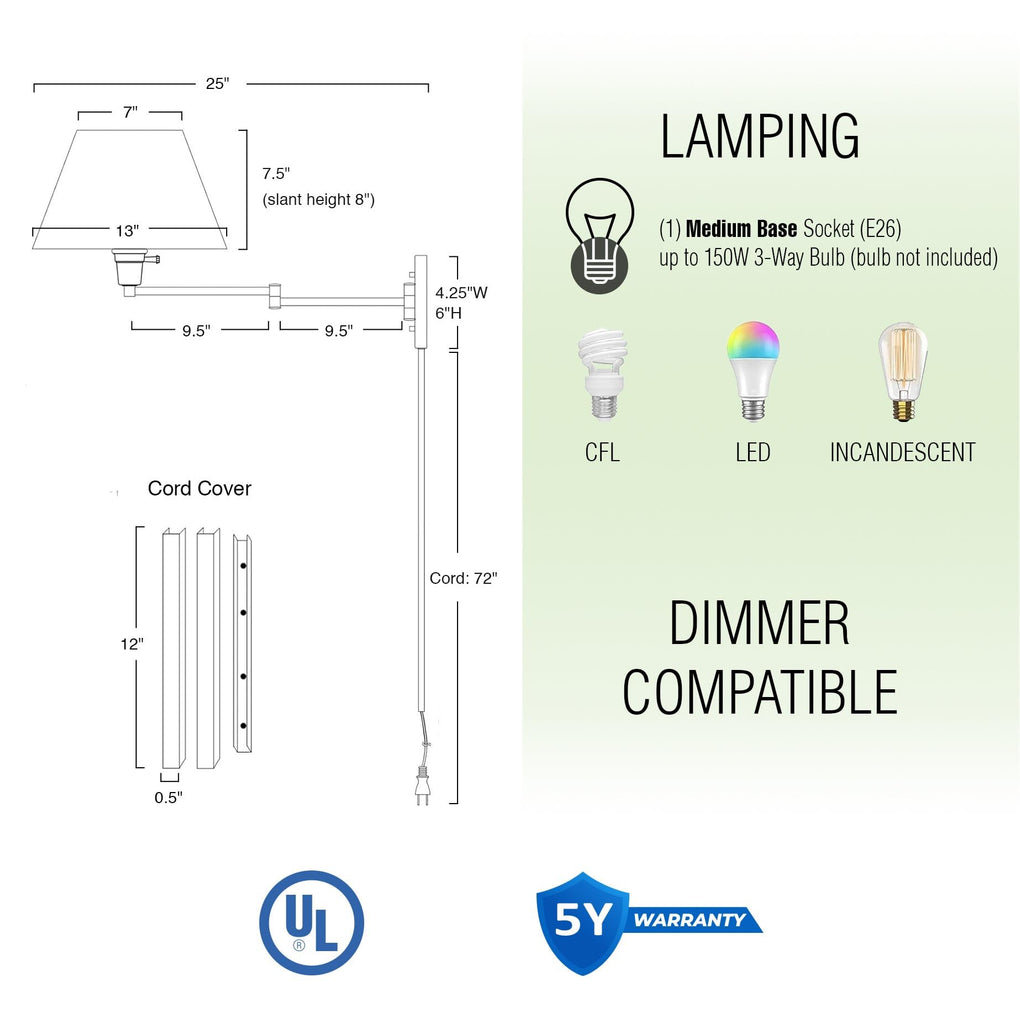 Cambridge 15" Modern Swing Arm Wall Sconce + 3-Way Switch, 2-Pack