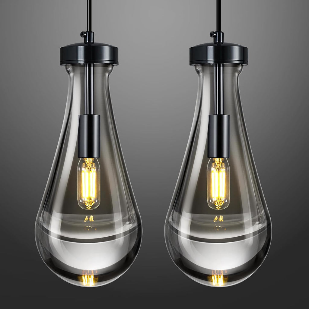 Raindrop Pendant Lights Kitchen Island Teardrop PlatingBlack Hanging Light Fixtures Clear Solid Glass Pendant Light Modern Chandeliers for Dining Room Porch Corridor Living Room(Black 2-Pack) A121-B0DL469FT2