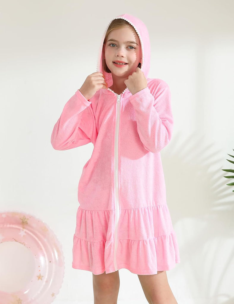 Girls Swim Cover Up Kids Long Sleeve Swimsuit Coverup Terry Beach Pool Clothes with Sunglasses