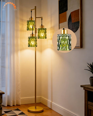 Glass Floor Lamp 3-Light Modern Gold Tall Lamp with Green Cylinder Shade