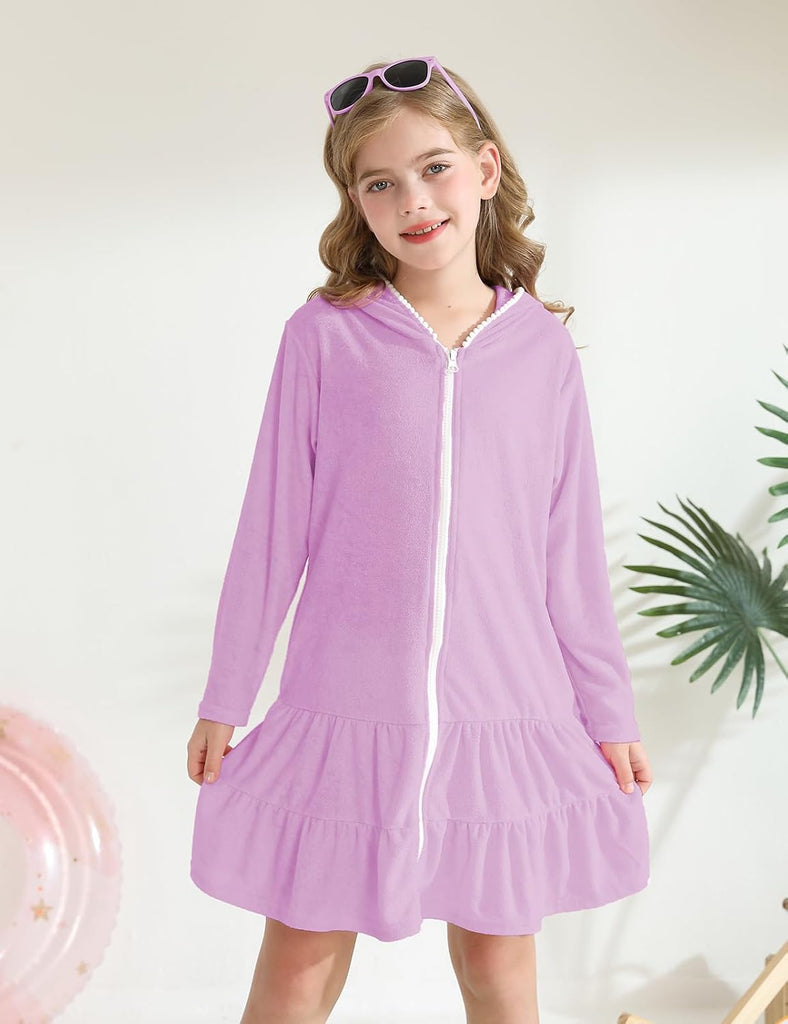 Girls Swim Cover Up Kids Long Sleeve Swimsuit Coverup Terry Beach Pool Clothes with Sunglasses