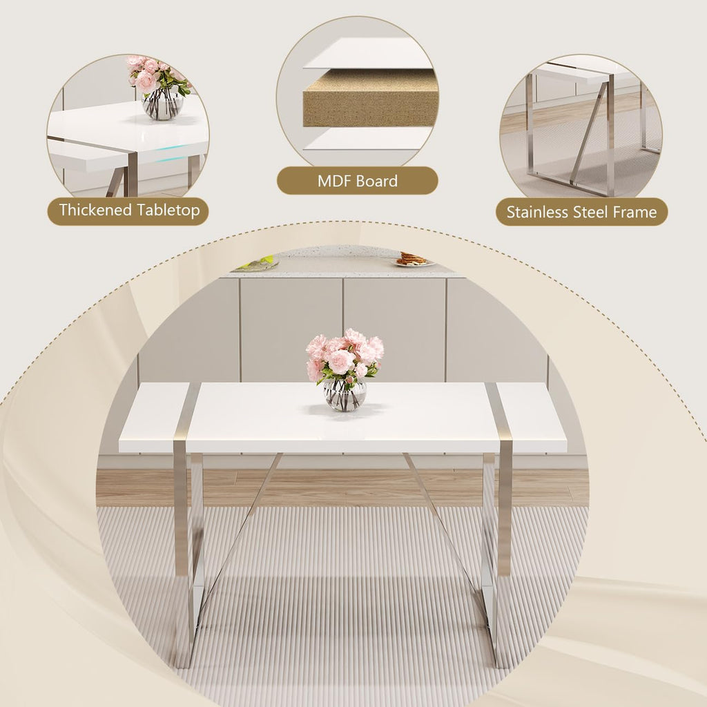 55'' White Dining Table Set for 6, Dining Tabletop and Silver Metal Frame, Rectangle Dining Room Table with 6 White