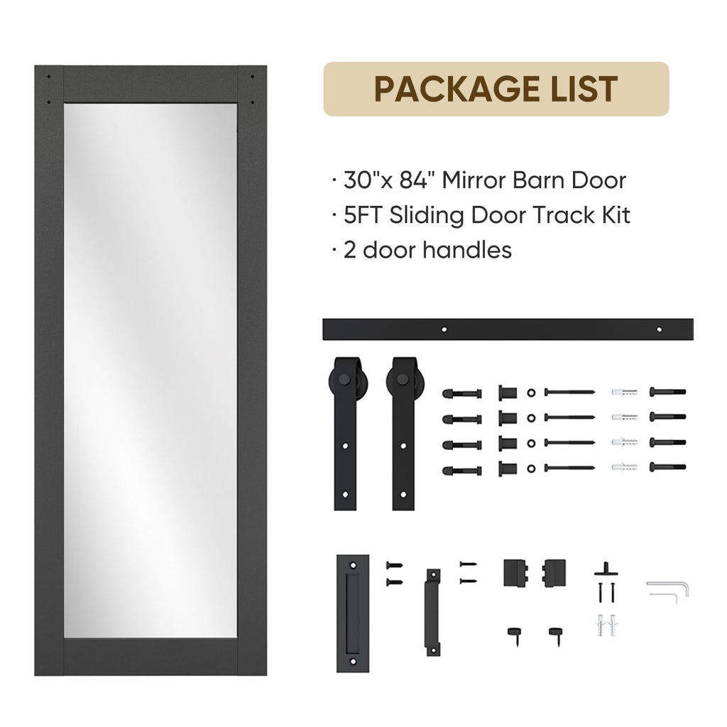 30in x 84in Mirror Barn Door with 5FT Hardware Kit, Black
