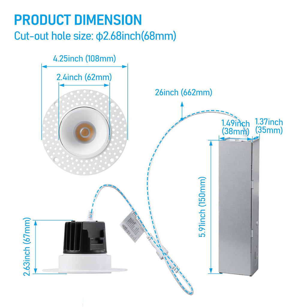 5CCT 2 Inch Recessed LED Lights, Round Trimless Downlight