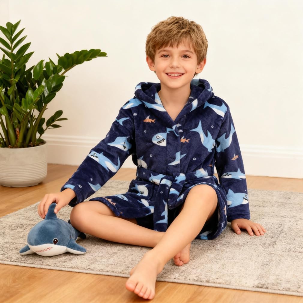 Boys Fleece Robe Kids Hooded Bathrobe Plush Soft Fuzzy Bathrobe for Children