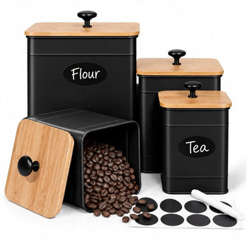 Canister Set Countertop, 4 Airtight Metal Canisters Black
