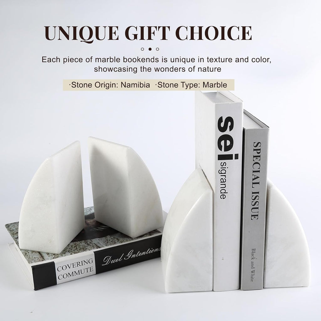 Marble Bookends for Shelves, Large Bookends for Heavy Books, Natural Stone Book Stopper for Books CD Movies