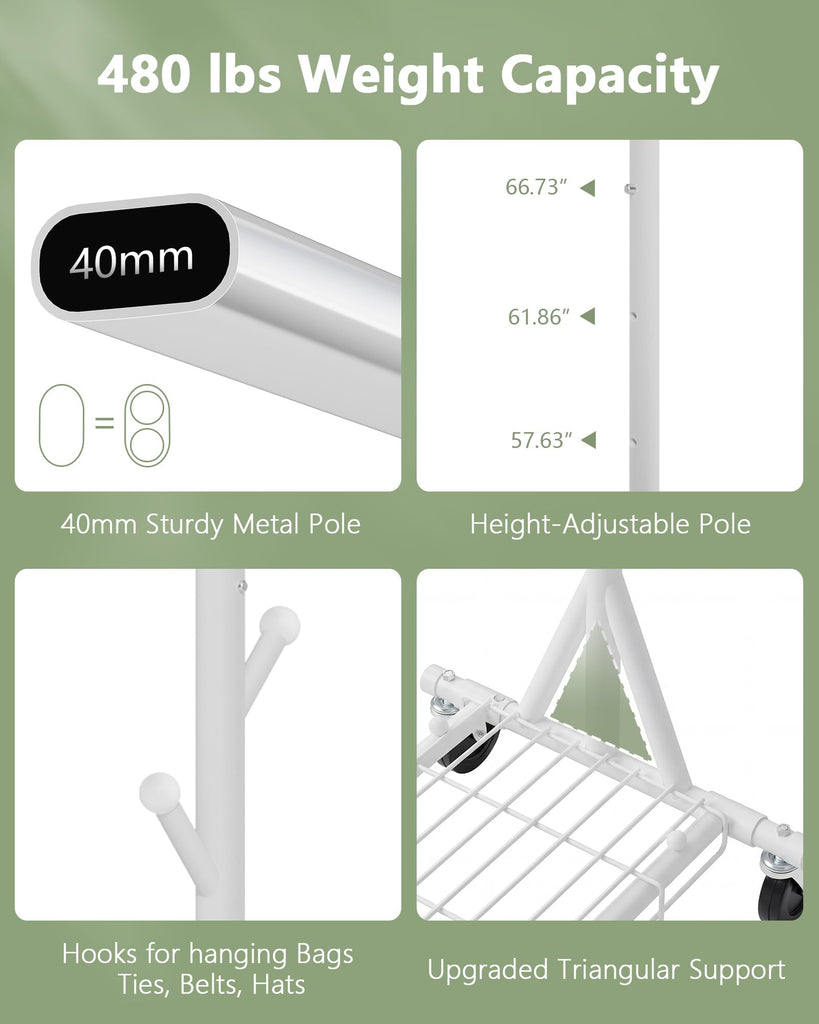 1-Minute Assembly Clothes Rack, 480 lbs Heavy Duty Rolling Clothing Racks with Wheels, Foldable Garment Rack