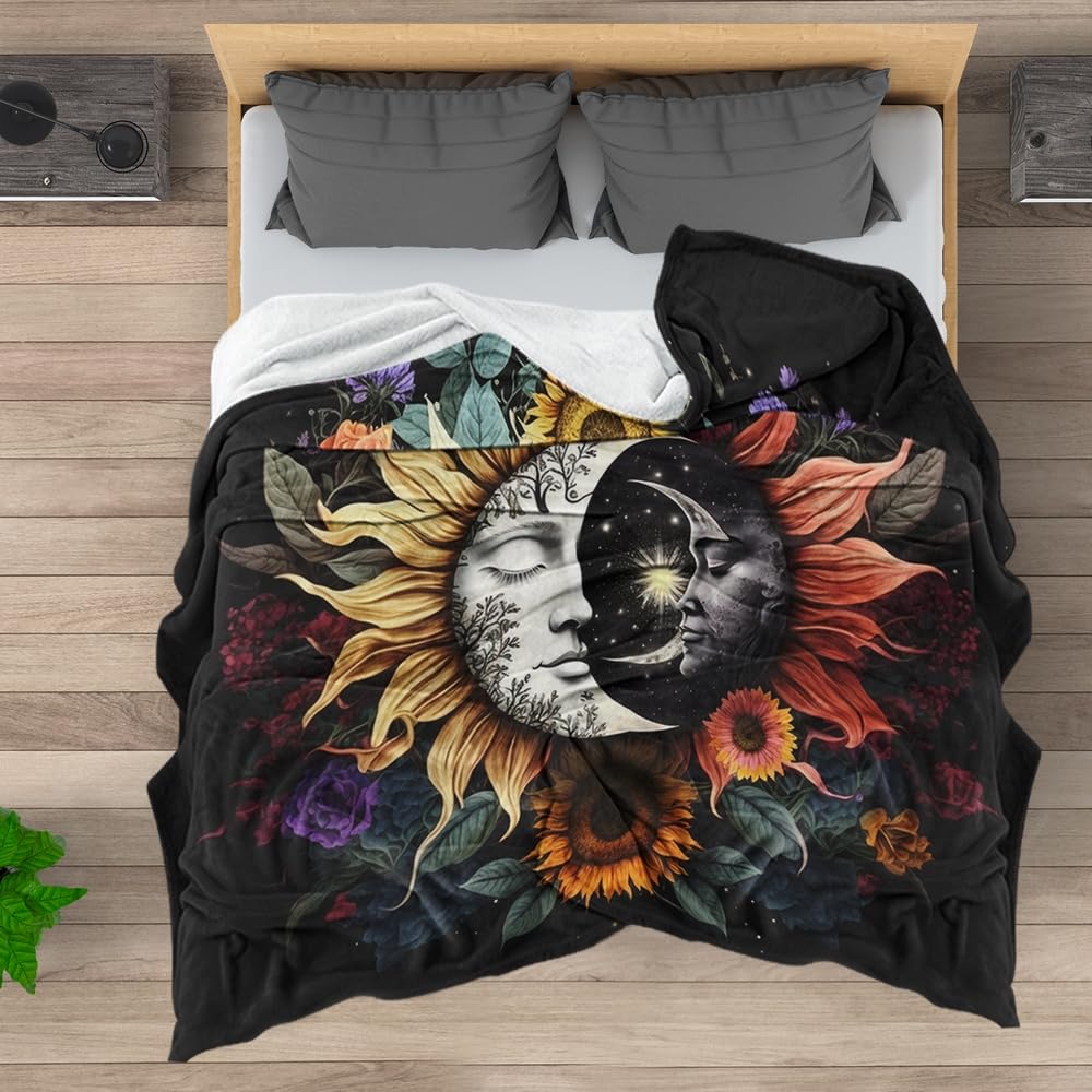 Celestial Sun Moon Flannel Blanket Boho Mid Century Day and Night Throw Blanket Farmhouse Colorfl Sunflower Throw