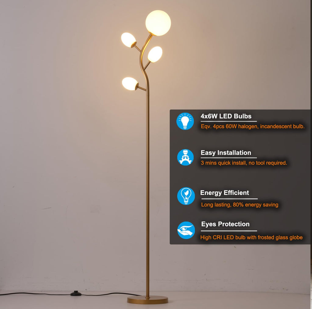 4 Globe Floor Lamp, Mid Modern Standing Tree Lamp