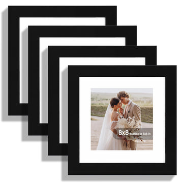 8x8 Picture Frame Set of 4, Real Glass and Wood Frame, 6x6 Mat