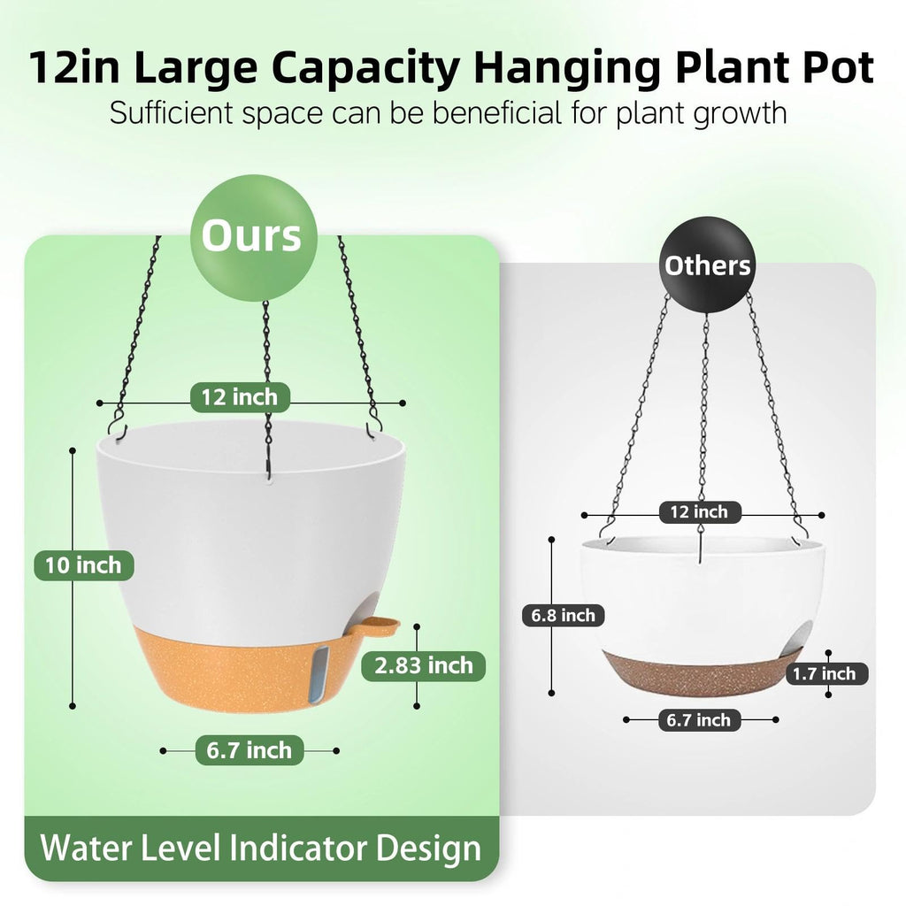 12 Inch Large Self Watering Hanging Planters for Indoor Outdoor Plants - Water Level Indicator & Removable 60 Oz