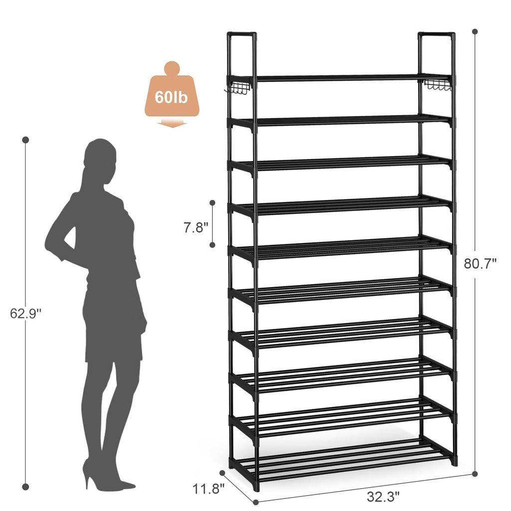 Shoe Rack 10-Tiers Large Capacity Metal Shoe Rack Organizer with Two Hooks Holds Shoes and Boots Free Standing Tall