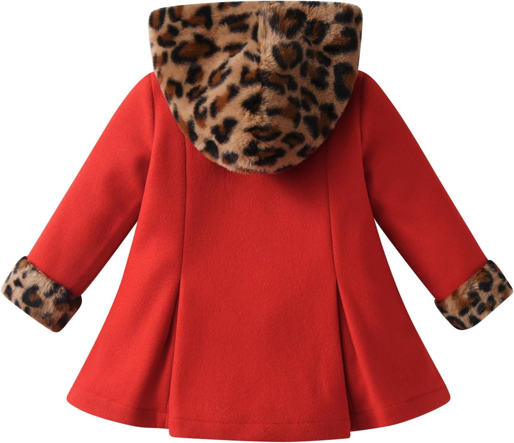 Toddler Baby Girl Fleece Jacket Long-sleeve Button Leopard Hooded Wool Blend Coat Outerwear