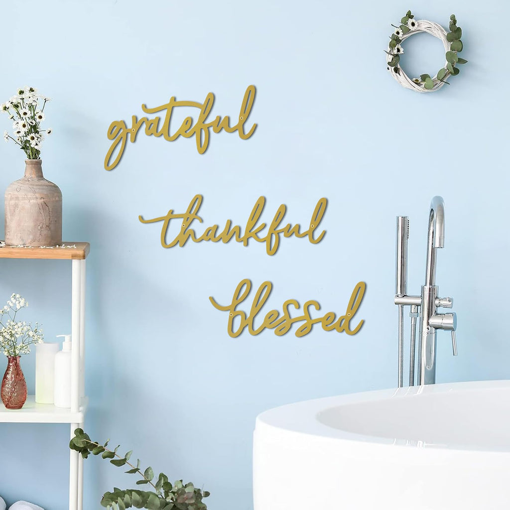 Thankful Grateful Blessed Letter Sign Metal Wall Decor, 3 Piece Gold Letters Wall Art Bedroom Metal Words Wall Decor