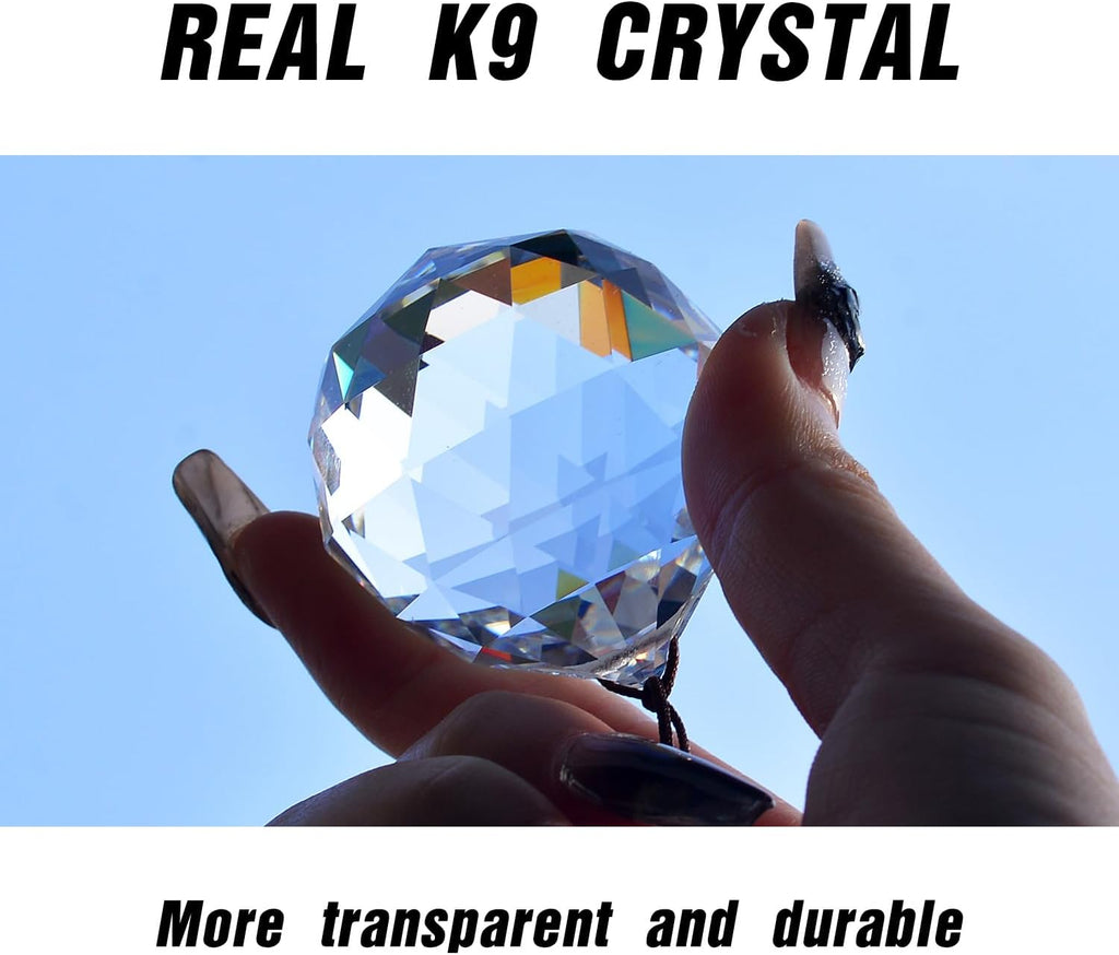 2PCS Ball Crystal Suncatcher Prisms for Windows (Ball Clear) - Clear, K9 Glass, Rainbow Maker, with Hooks & Cord