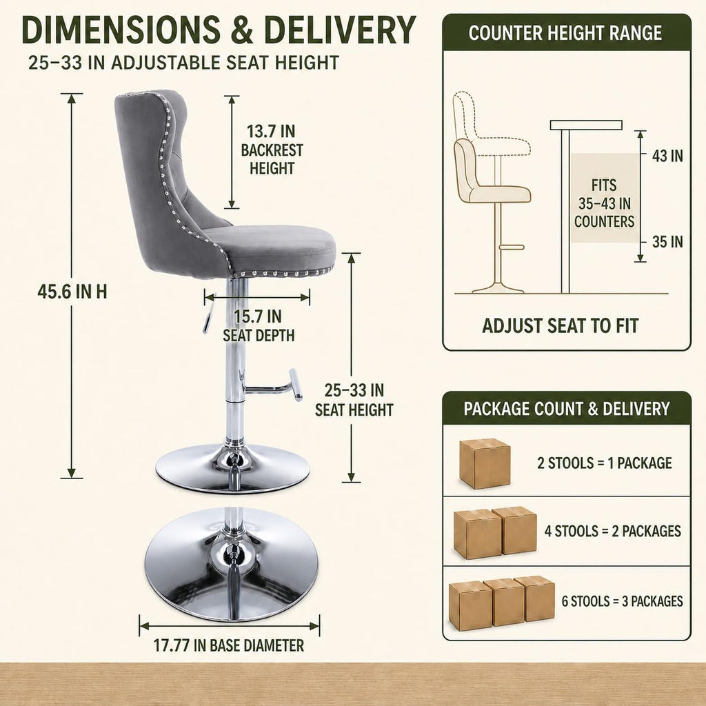 Swivel Counter Height Bar Stools Set of 4, Gray Kitchen Island Barstools, Velvet Adjustable Bar Chairs, Tufted Back