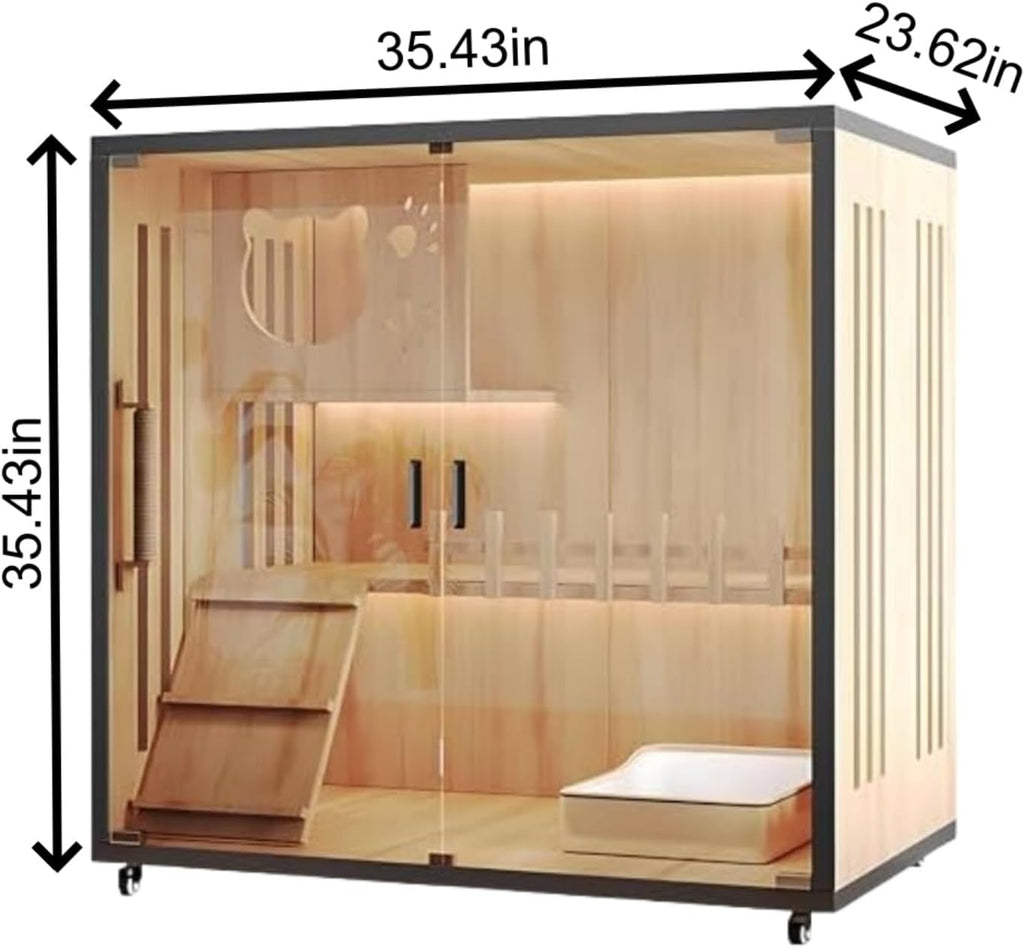 Luxury Modern Wooden Cat House for Indoor Cats - Multi-Level Cattery Enclosure with Tempered Glass Door & Lockable