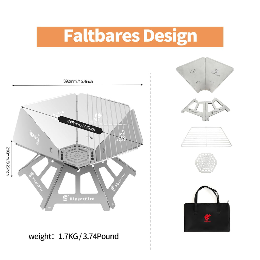 Foldable Portable Fire Pit, Stainless Steel Fire Pits with Charcoal Grill Net and Storage Bag, Camping Fire Pit Grill