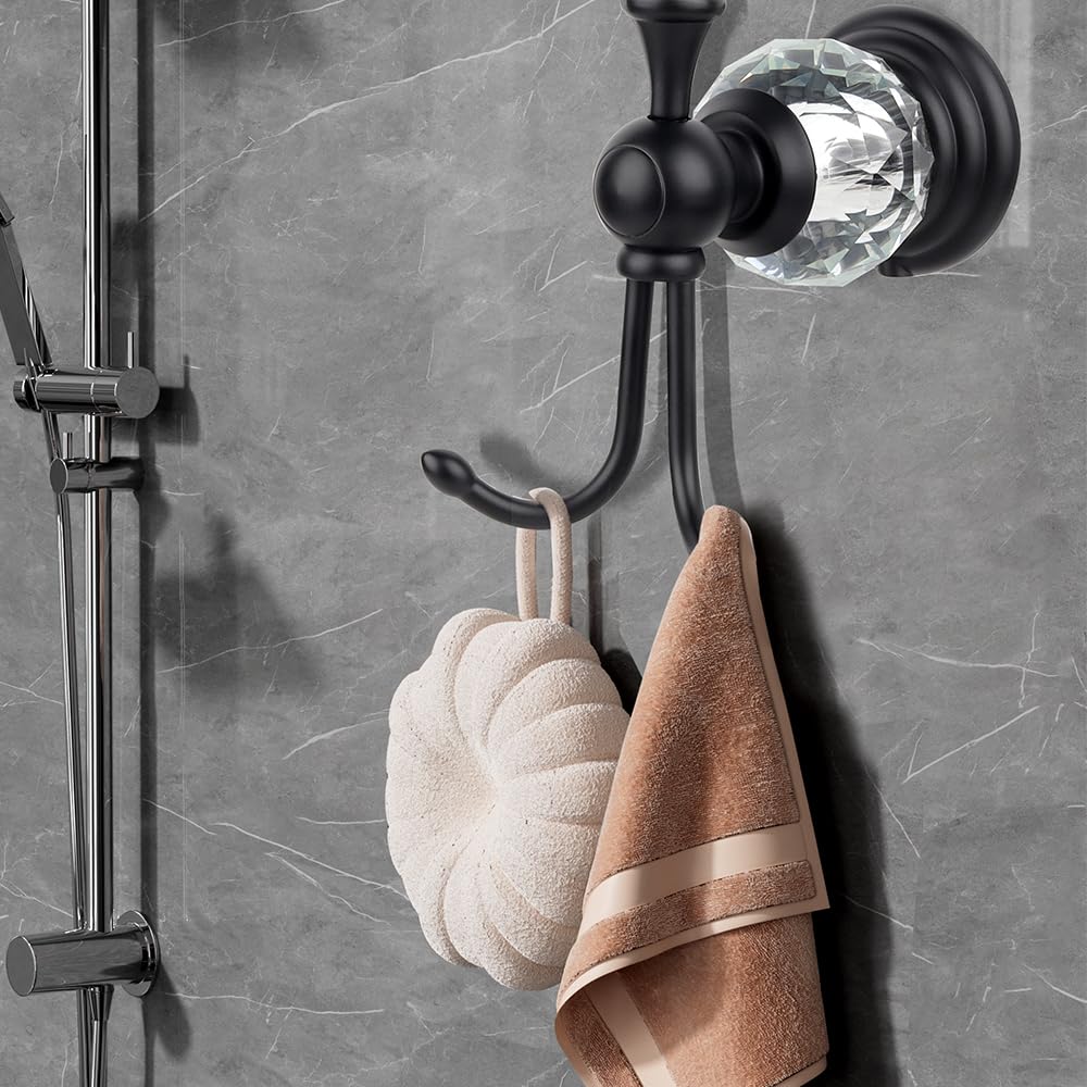Luxury Crystal Black Robe Hook Bathroom Hangings Towel Rack Clothes Hook, Double Wall Mounted Towel Hook, Double
