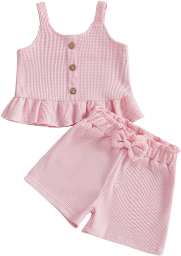 Toddler Baby Girl Summer Outfits Solid Color Waffle Sleeveless Ruffle Tank Tops Shorts Set Cute Infant Clothes