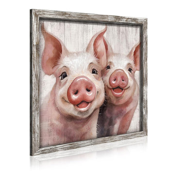 Farm Animal Wooden Wall Art - Cute Pink Pig Framed Picture Farmhouse Painting Rustic Artwork