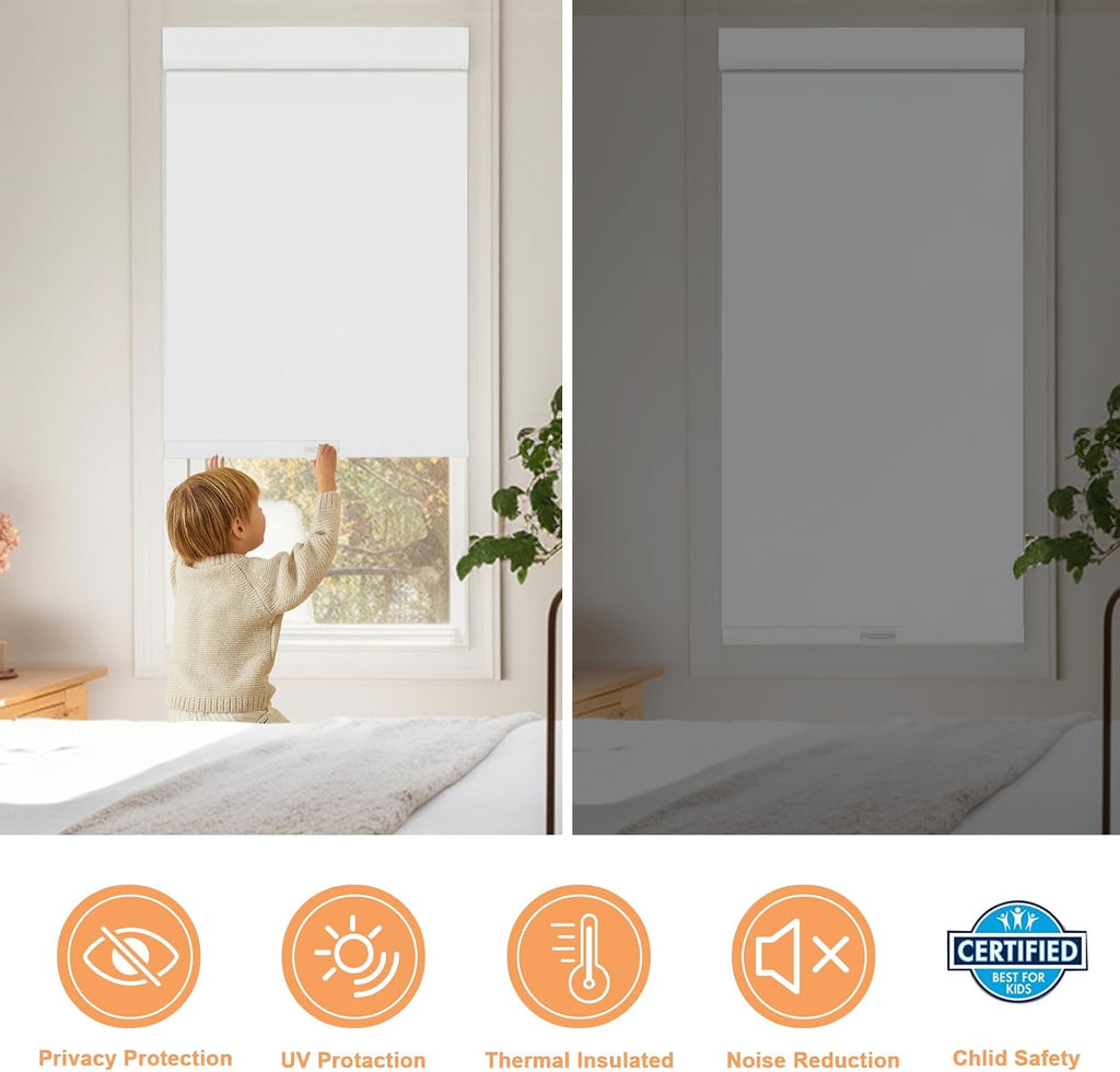No Drill No Tools 100% Blackout Roller Shades for Indoor windows, Free-Stop Cordless Roller Blinds, UV Protection