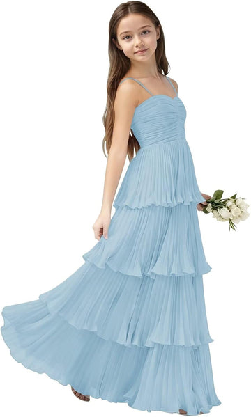 Chiffon Pleated Junior Bridesmaid Dress Princess Birthday Tiered Ruffle Prom Gown Wedding Long Flower Girl Dress