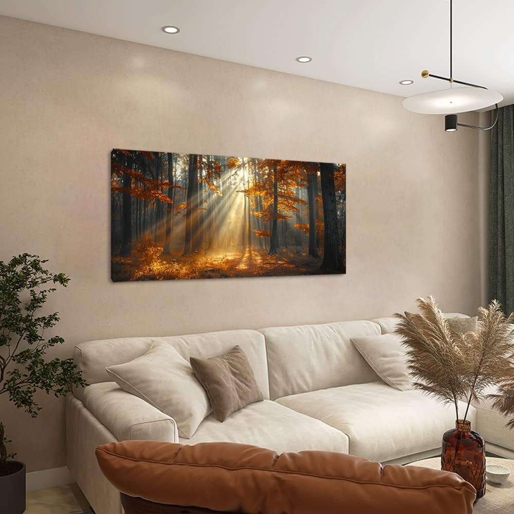 Beautiful Autumn Forest Landscape Wall Art Office Calming Nature Scenery Golden Painting Prints Sunlight Spills