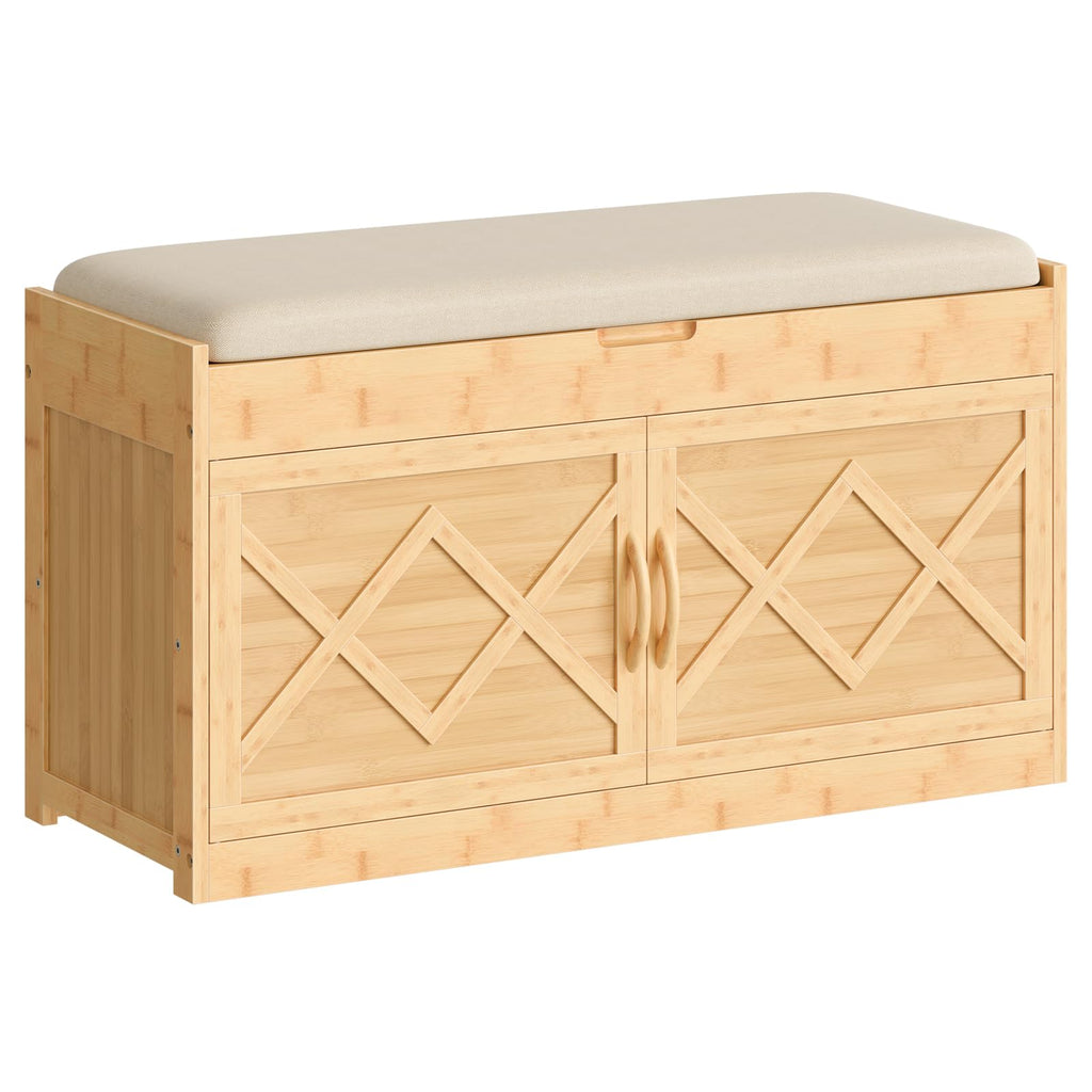 Shoe Bench, Shoe Storage Bench with Cushion, Bamboo Entryway Bench with Hidden Compartment, Storage Bench with Lift