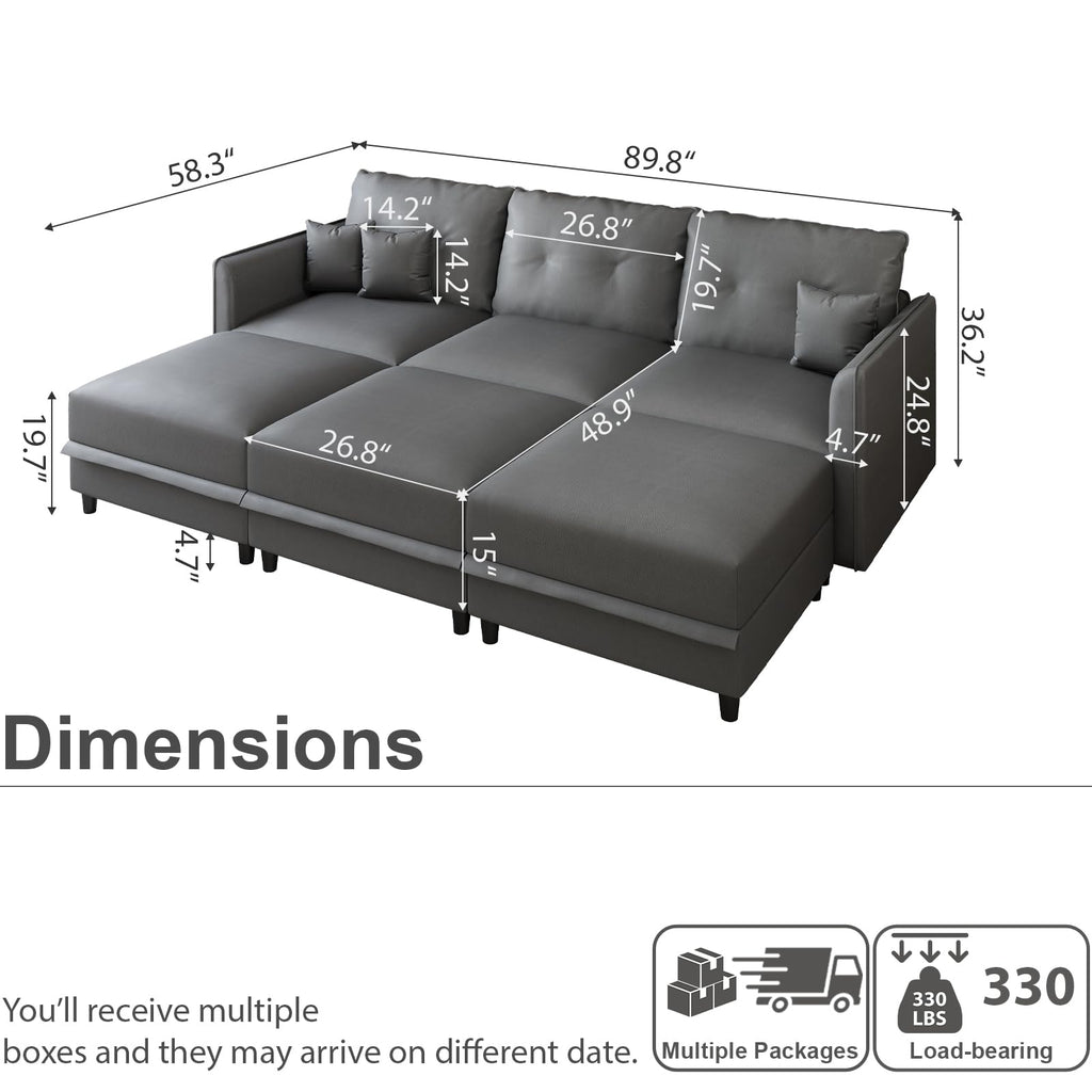 Faux Leather Modular Sectional 6 Seater Sofa Sleeper with Storage