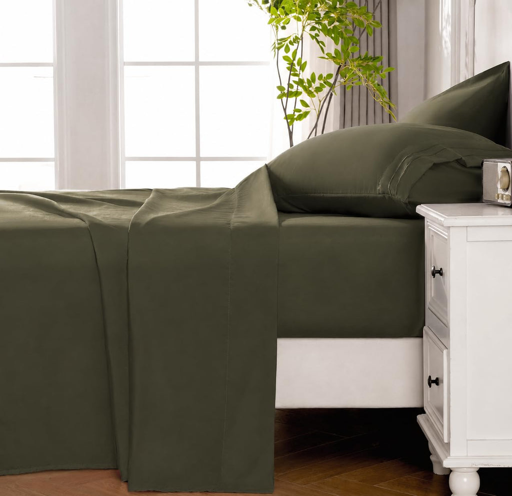 Olive King Size Sheet Set, Pre-Washed Microfiber Cotton-Like 4 Pcs Ultra Soft Bedding Set King, Breathable Cooling