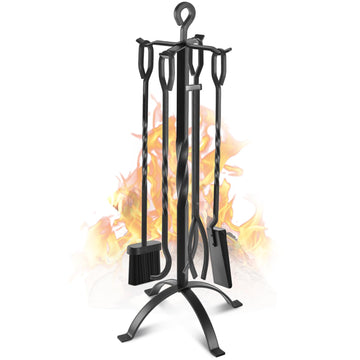 32" Fireplace Tools Set, 5-Piece Solid Wrought Iron with Stand