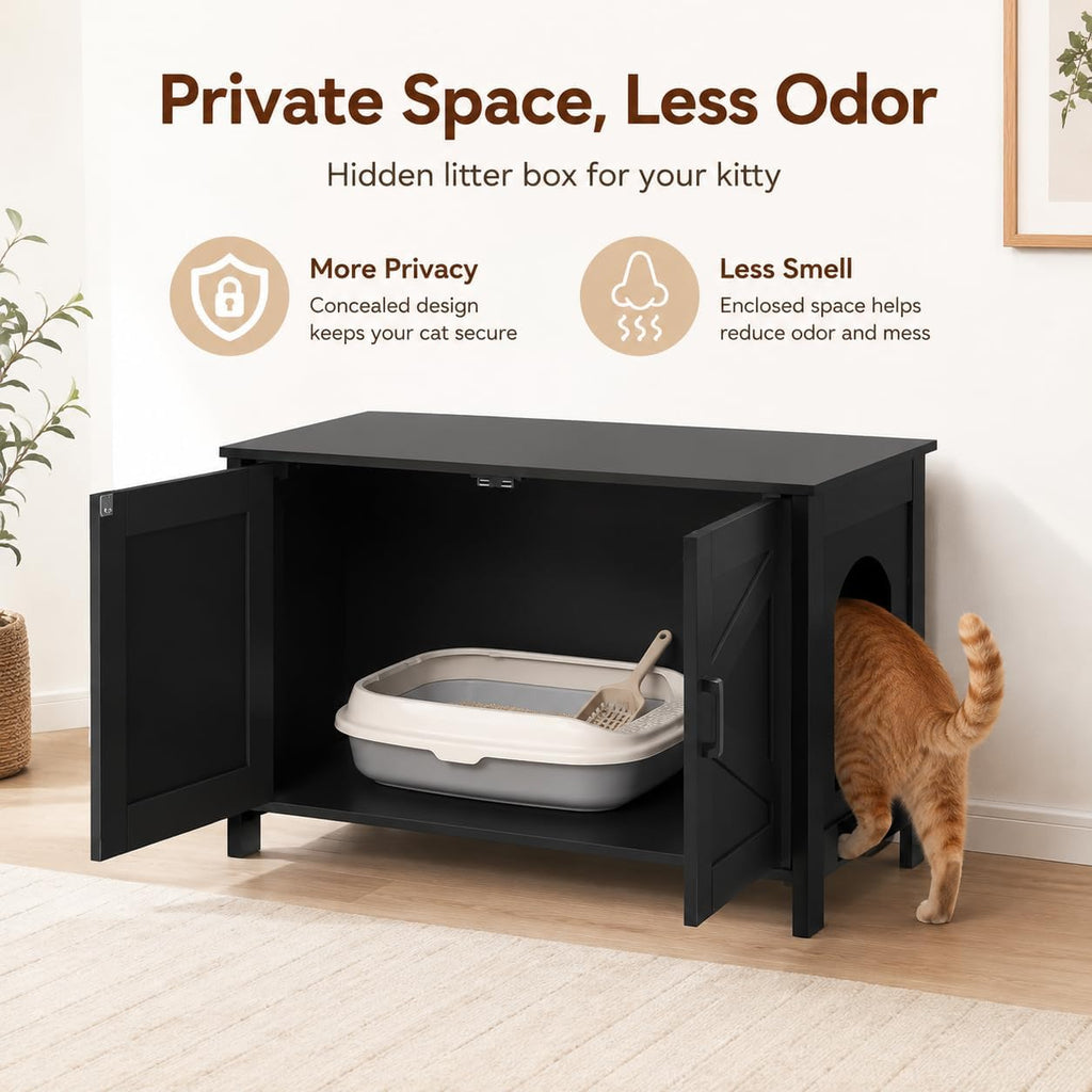31.5" L Cat Litter Box Enclosure with Barn Door, Black