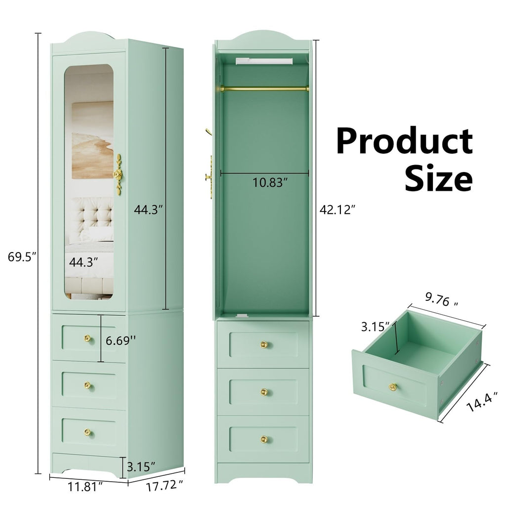 Armoire Wardrobe Closet, 69.5" H Wood Bedroom Armoires Cabinet with Mirror Door and 3 Drawers, Green Clothing Storage