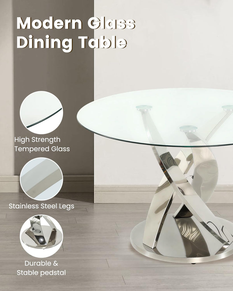 47.2" Round Glass Dining Table Set for 6, Modern Dining Room Table with Stainless Steel Legs & 6 Upholstered Velvet
