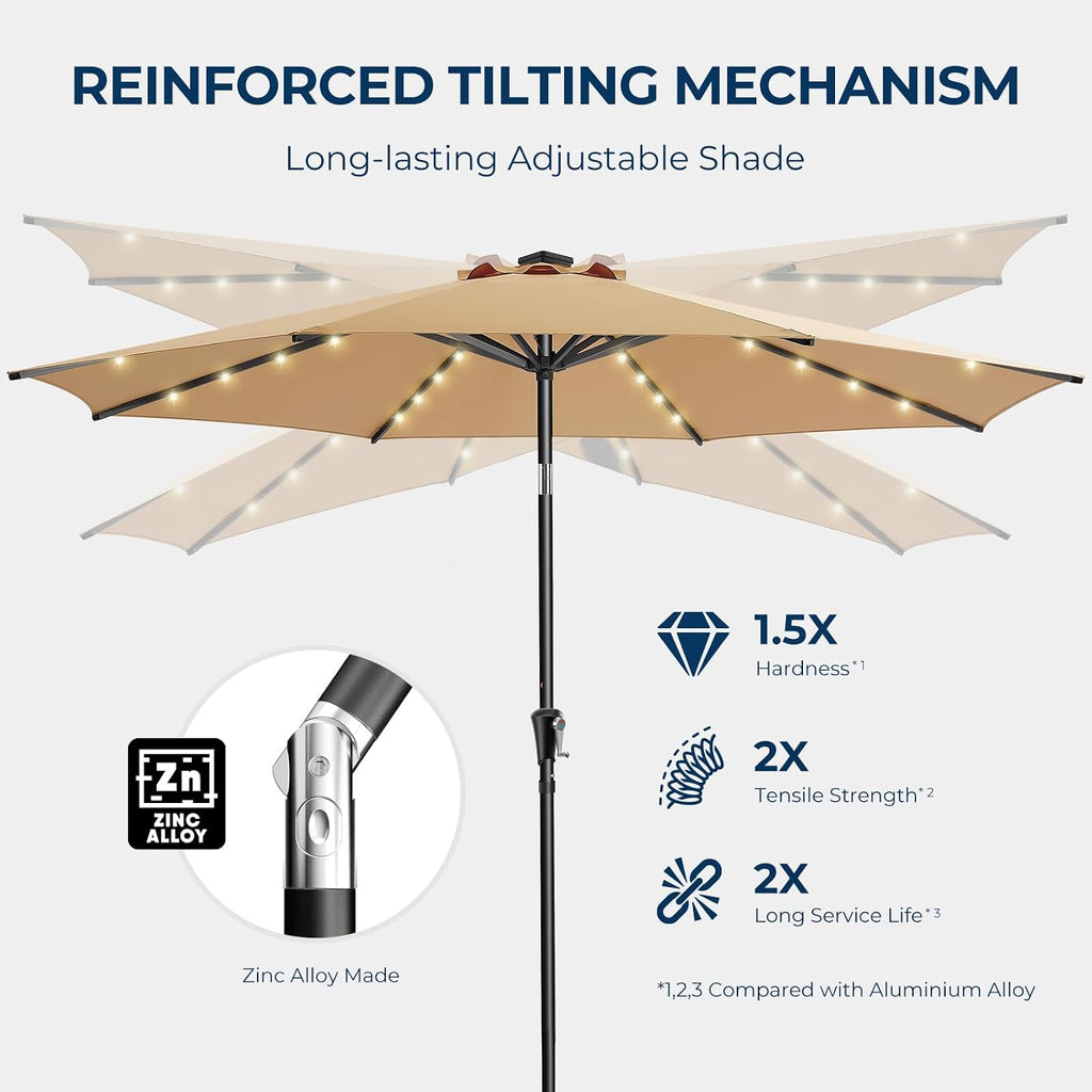 9ft Solar Patio Umbrella - Solar Lights LED Lighted Outdoor Market Table Umbrella