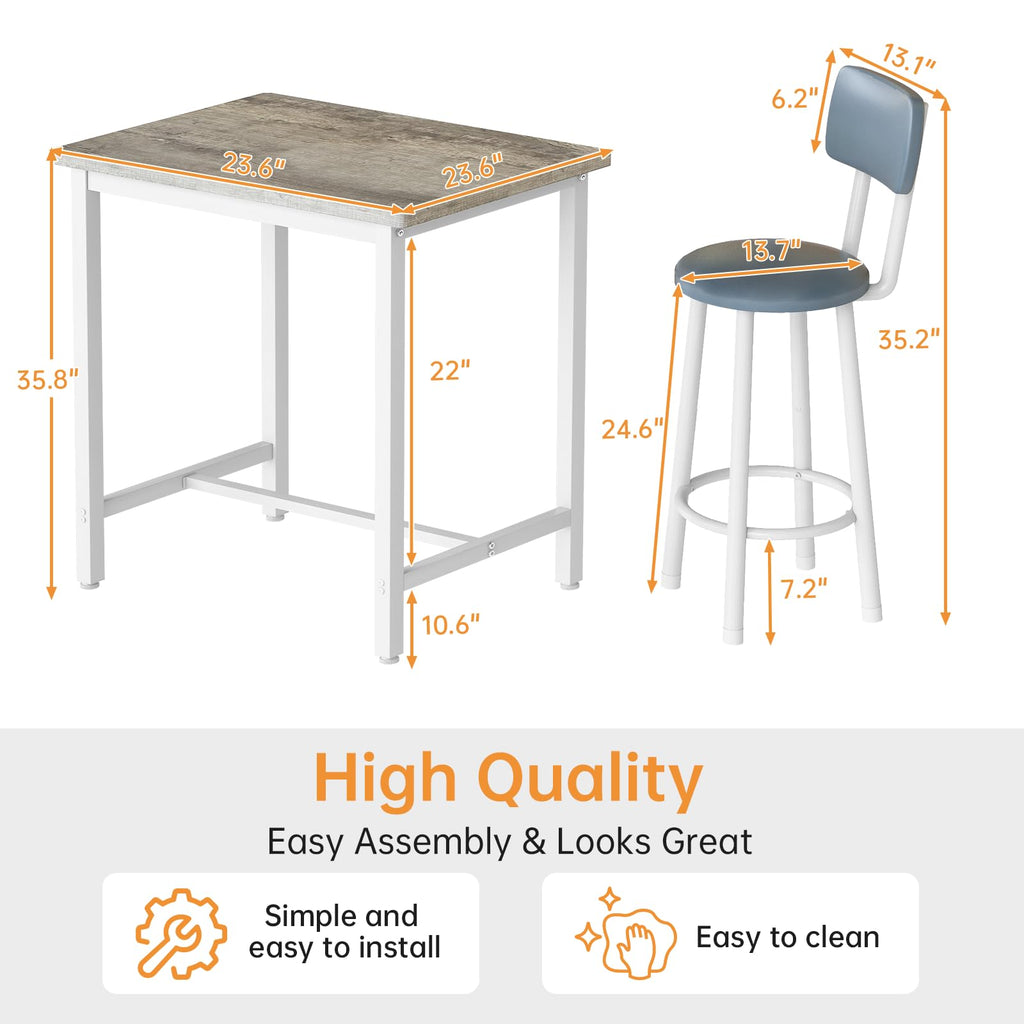 Dining Table Set for 2, 24" Square Kitchen Table and Chairs Set with MDF Tabletop & 2 PU Leather Chairs, Bar Pub