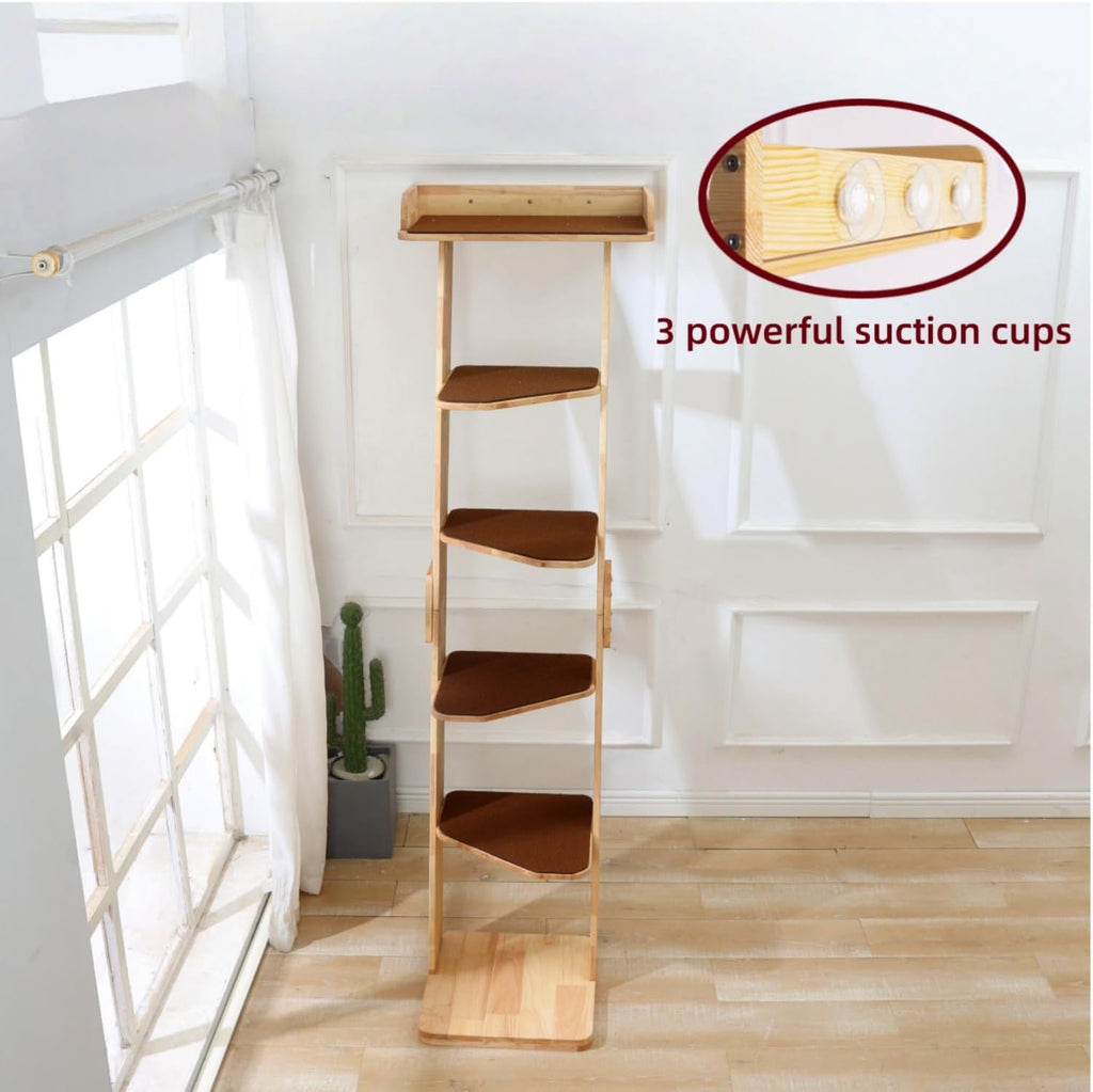 Modern 70" Tall Natural Wood 6 Level Leaning Cat Climbing Ladder Tree Tower with Large Perch Platform for Wall