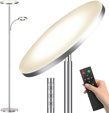 Brushed Nickel Floor Lamp, 42W 4000LM Brightest LED, Smooth Metallic Body & Anti-Glare, Dimmable Remote/Touch Floor