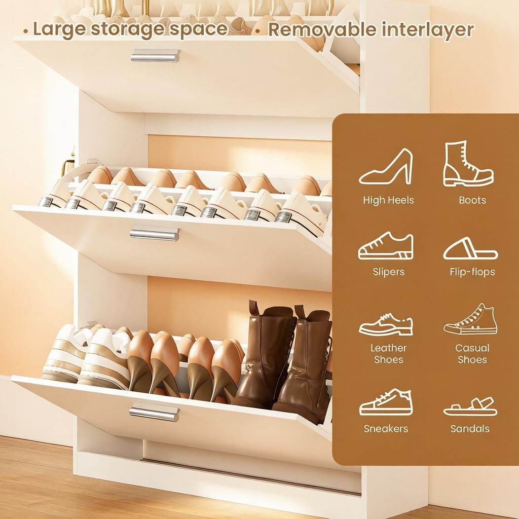 Shoe Cabinet Organizer with 3 Flip Drawers, Narrow Shoe Rack 31.5" W White