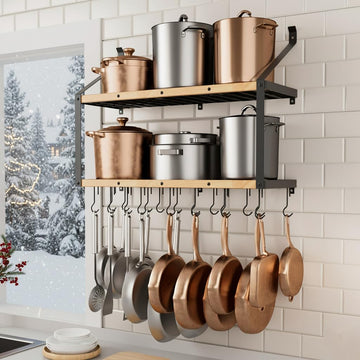 132lb Heavy Duty Hanging Pot Rack Wall Mounted, 34in Solid Wood Design