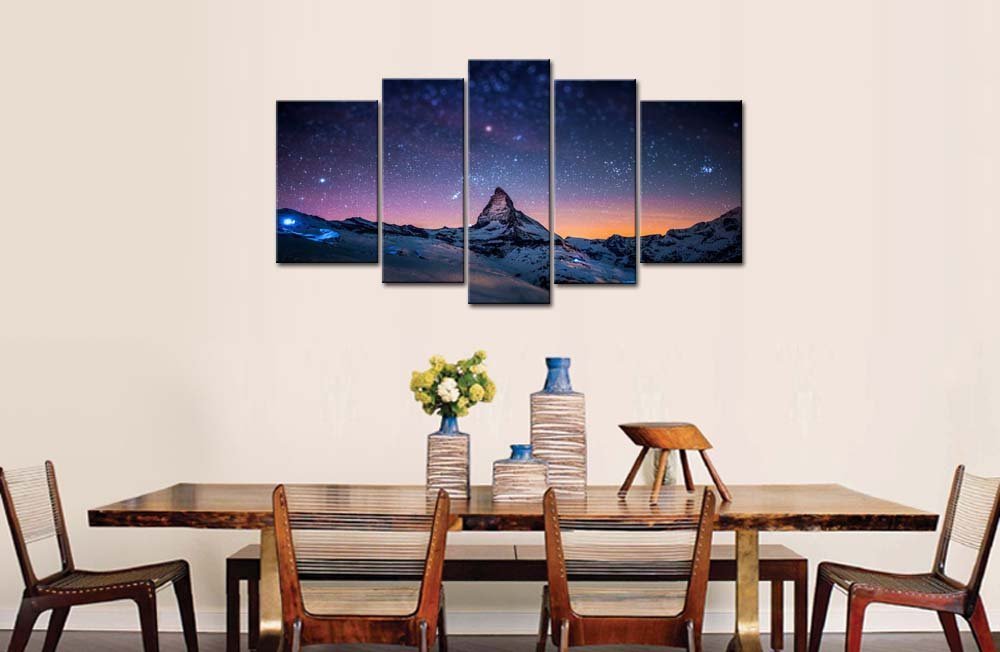 Starry Night Sky Wall Art Space Purple Star Skyline Over Mountain Canvas