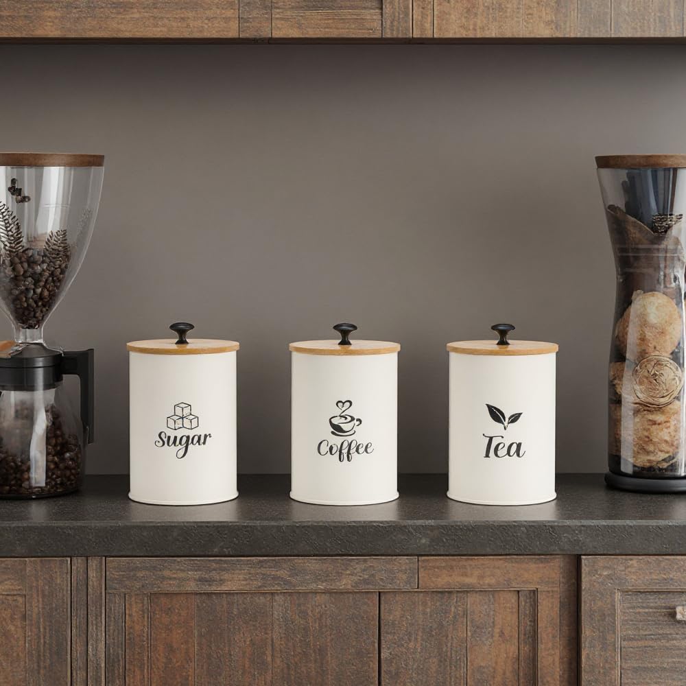 3 Pack Kitchen Canisters with Bamboo Lids, Metal Canister Set for the Kitchen Counter, Airtight Coffee Container Tea