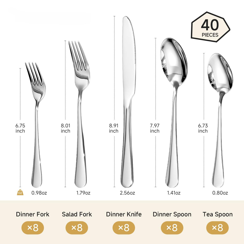 Silverware Set for 8, 40 Piece Heavy Duty 18/10 Stainless Steel Flatware Set, Mirror Polished Cutlery Utensils with