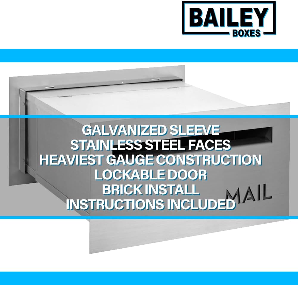 Brick-in Chute Through The Wall Stainless Steel Mailbox - Modern Architectural Locking Design - 8.75" H x 15.75" W
