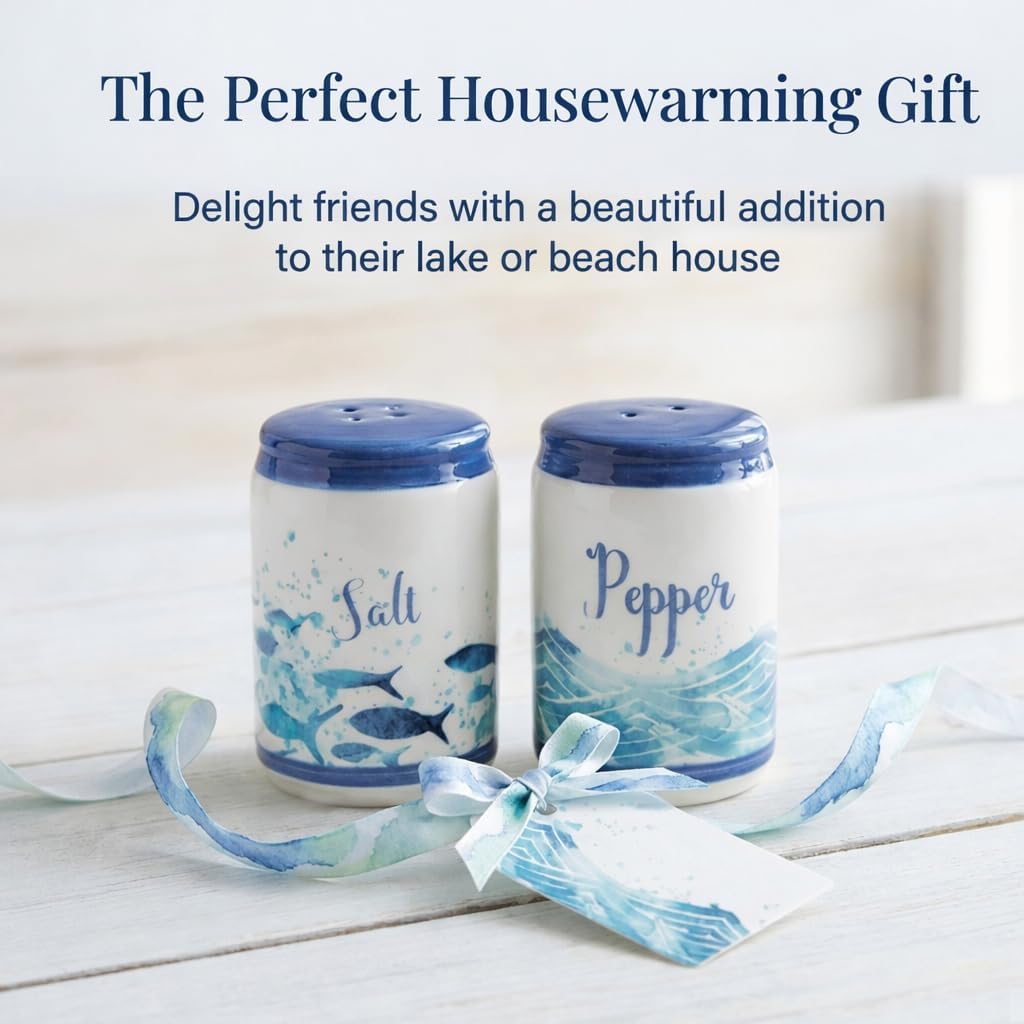 Beachy Blue Fish & Ocean Waves Ceramic Salt & Pepper Shakers - Set of 2