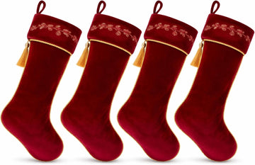 4 Pcs 18 Inch Burgundy Luxury Velvet Christmas Stockings Holly Embroidered Christmas Stocking Stockings with Gold